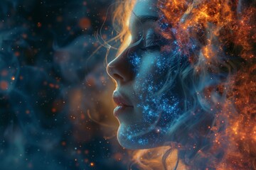 Womans face with blue and orange paint