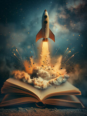 Fototapeta premium A creative illustration of a rocket ship launching from an open book, symbolizing adventure and learning