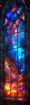 Starry Skies Design a ceilingtofloor stained glass window that transforms an entire wall into a galaxy scene, with stars of varying sizes and colors twinkling against a backdrop of deep space 8K , hig