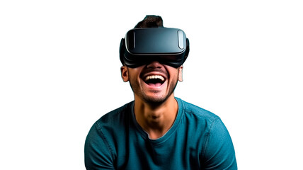 Man having fun using VR glasses on transparent background PNG or white background. VR, future, gadgets, technology concept.

