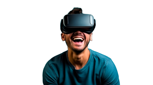 Man having fun using VR glasses on transparent background PNG or white background. VR, future, gadgets, technology concept.

