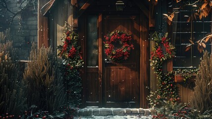 Festive wreaths adorning wooden doors of quaint cottages, each one a welcoming beacon of holiday joy and hospitality. 8k, realistic, full ultra HD, high resolution, and cinematic