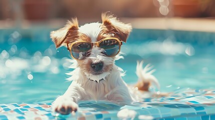 cute puppy dog by the pool for summer in googles - obrazy, fototapety, plakaty