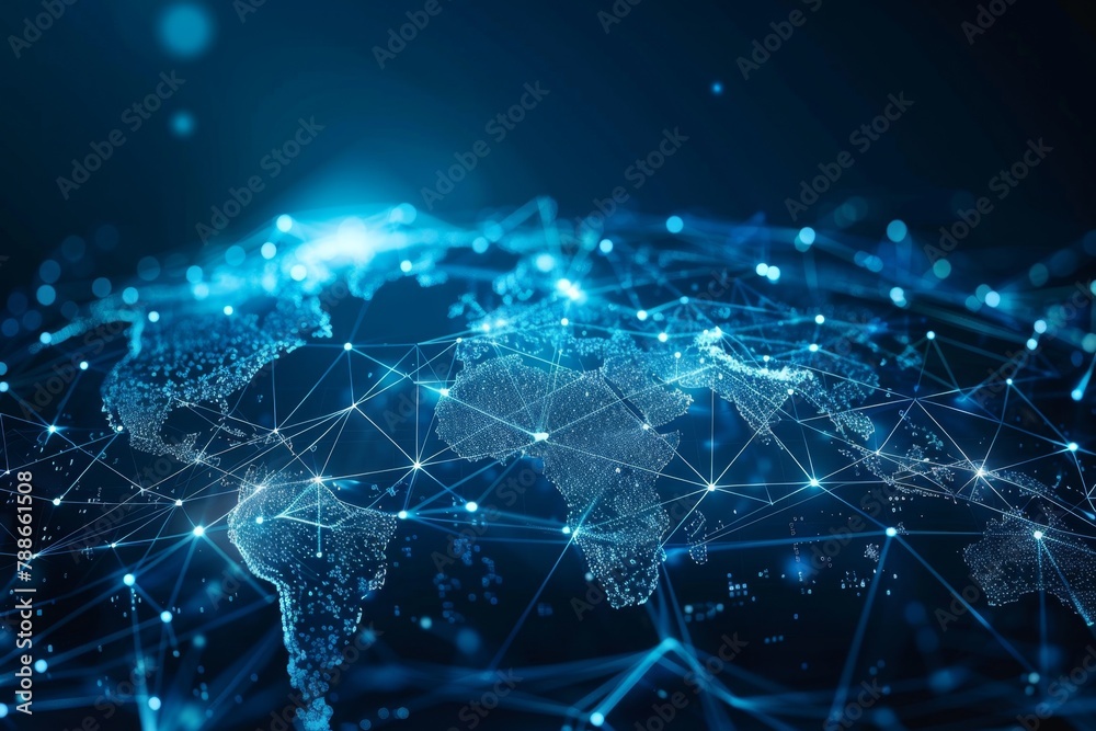 Wall mural abstract global network concept with a blue glowing world map, data transfer and cyber technology ba