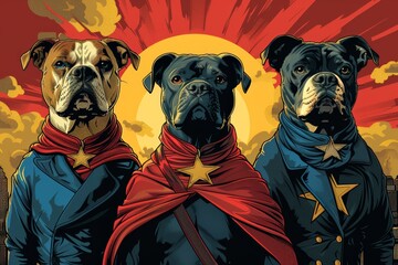 Three dogs dressed up as superheros at sunset