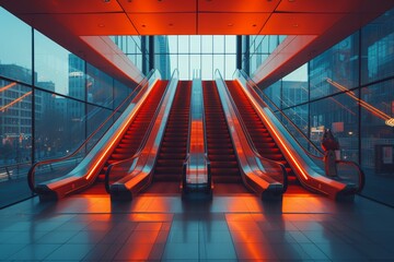 Escalator in building with red lights