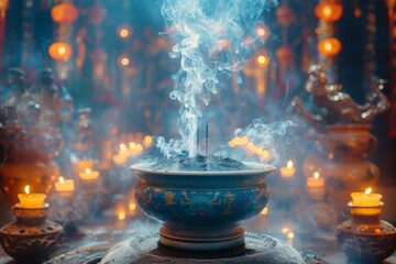 Blue bowl emitting smoke surrounded by candles - obrazy, fototapety, plakaty