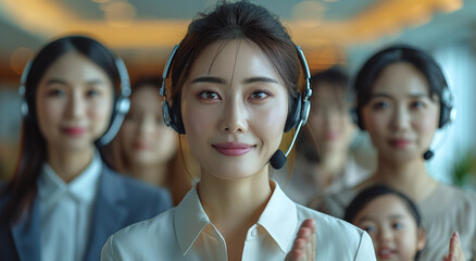 A group of Asian women wearing headsets, smiling in a professional setting, possibly a customer service team.