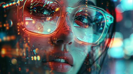 a woman with glasses and a futuristic background