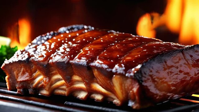 Delicious bbq ribs against fire flames background. Grill in slow motion