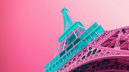 detail of the paris eiffel tower in minimalist format in blue green and pink on a plain pink background