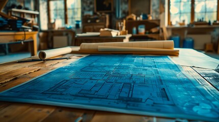 Obraz na płótnie Canvas a blueprint on a table with a ruler and a pair of scissors on it