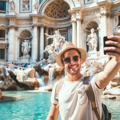 Sunny Selfie: Young Tourist Grins at Trevi Fountain - Canon Captures Vacation Fun
