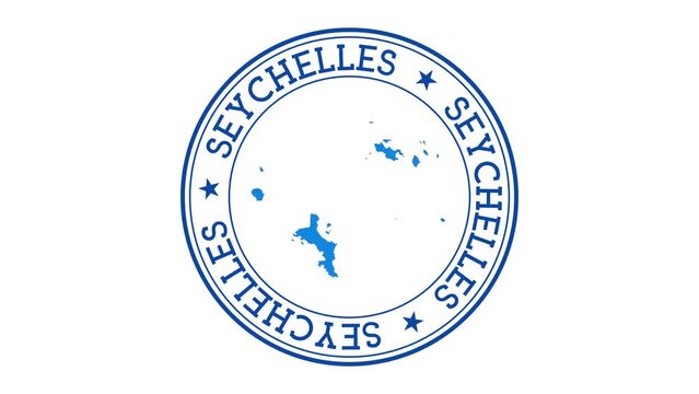 Seychelles intro. Badge with the circular name and map of island. Seychelles round logo animation.