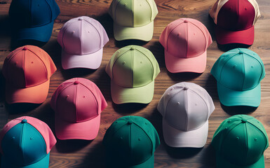 A collection of colorful baseball caps neatly arranged on a wooden surface.
