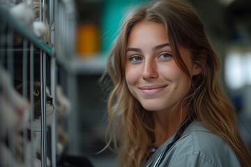 Woman smiling in front of shelf of birds