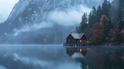 Fototapeta na wymiar Illuminated Wooden house in the forest on a calm reflecting lake with the foggy mountains in the background at dusk