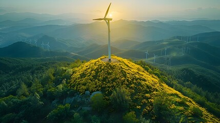 Green Symphony: Harmonizing Wind Energy with Nature's Landscape. Concept Renewable energy, Wind power, Environment conservation, Sustainable practices, Green technology