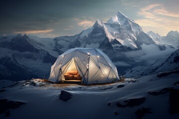 Serene Snow camp tent mountains. Nature travel. Generate Ai