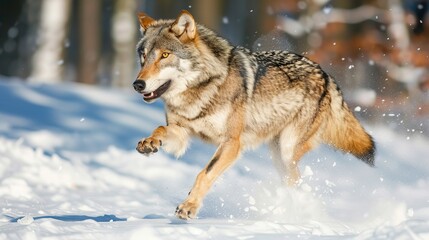 Obraz premium Wolf running and jumping on snow