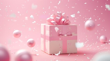 flying gift box pink color and milk bow on pink background