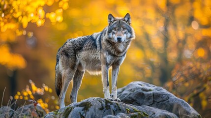 Wonderful detail in nature. The portrait of a large wolf up close. The big wolf stands on the rock and watches the environment. Beautiful sunset and yellow sky in the background