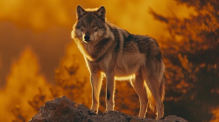 Wonderful detail in nature. The portrait of a large wolf up close. The big wolf stands on the rock and watches the environment. Beautiful sunset and yellow sky in the background