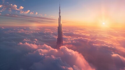 Lone tall skyscraper over the clouds at sunrise