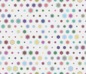 Seamless hexagon pattern. Multicolored geometric elements of varied size. Rounded hexagons mosaic cells with padding and inner solid cells. Hexagon cells. Tileable pattern.