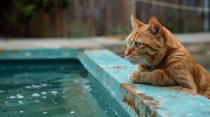 Frightened red cat looks inside the empty pool