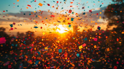 Naklejka premium Confetti Floating in the Air During Sunset