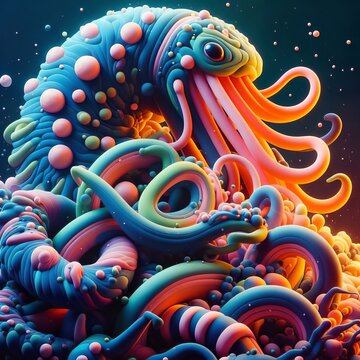 Fantastical creature with vibrant tentacles under a starry sky, radiating an otherworldly, dreamlike presence