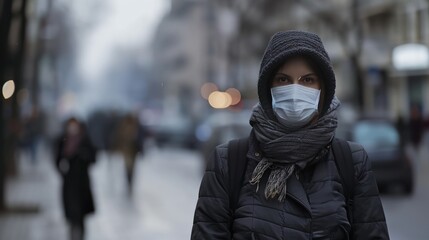 Fototapeta na wymiar a woman wearing a face mask walking down a street