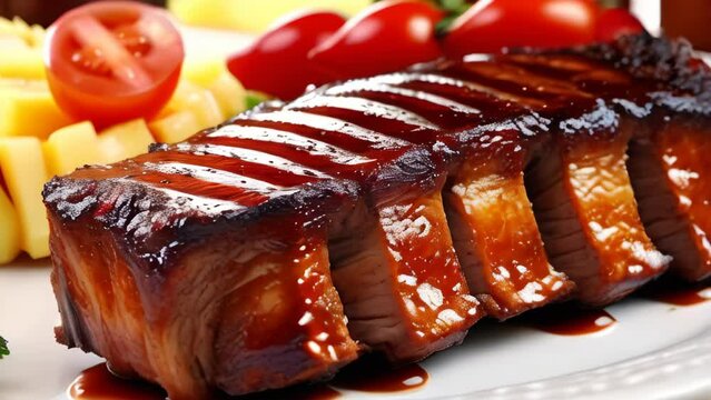 Delicious bbq ribs with vegetables and french fries on background.