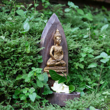 Beautiful little Buddha image and flower in green grass.