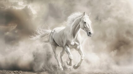 Realistic White horse running on dust fantasy background. AI generated image