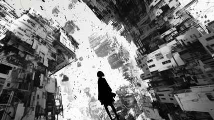 A surreal, monochromatic cityscape engulfs a solitary silhouette, evoking a dreamlike blend of urban life and disarray