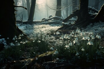 Vibrant Snowdrops forest violet blossom at mountains. Nature flora plant white. Generate Ai