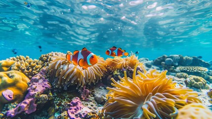 Fototapeta na wymiar Cute anemone fish playing on the coral reef, beautiful color clownfish on coral reefs, anemones on tropical coral reefs