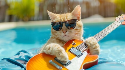Funny cute cat in sunglasses with electric guitar by the pool for summer in googles - obrazy, fototapety, plakaty