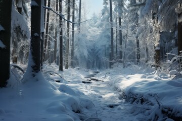 Frosty Snowfall park forest outdoor. Country wood natural nature frost. Generate Ai