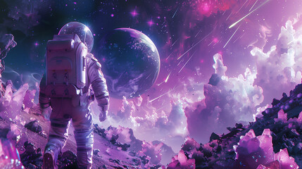 An astronaut treads across an alien landscape, with the awe of cosmic discovery reflected in their visor against a backdrop of vibrant nebulae and a distant planet - obrazy, fototapety, plakaty