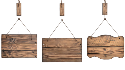 Set of wooden hanging signs isolated on transparent background.


