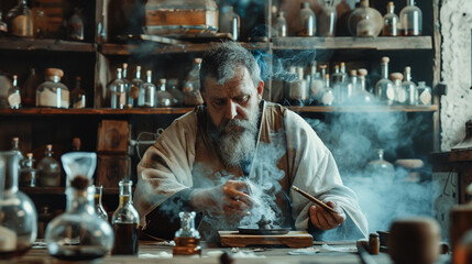 A medieval magician and sorcerer prepares a smoky potion in his laboratory. - obrazy, fototapety, plakaty
