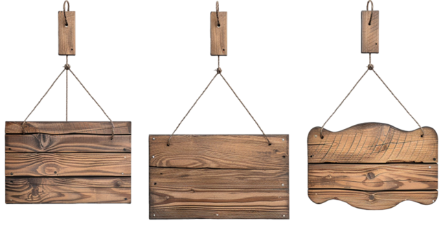 Set of wooden hanging signs isolated on transparent background.


