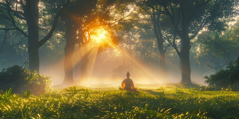 Individual meditating in a misty forest with sunbeams shining through trees - obrazy, fototapety, plakaty