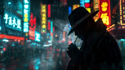 Fototapeta na wymiar detective's silhouette emerges sharp against the fluorescent buzz of a rain-drenched city night