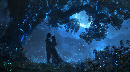 Two lovers stand in a moonlit glade, surrounded by a mystical aura and a canopy of ancient trees aglow with bioluminescence