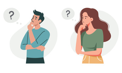 Set of vector illustrations. Man and woman in a pensive pose solving a question. Concept of problem solving . Vector illustration
