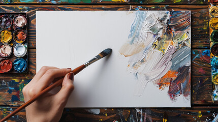 An painters hand with a brush makes brushstrokes with oil paint.